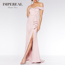 Off Shoulder Neckline Simple Long Pink Satin Thai Silk Evening Dress